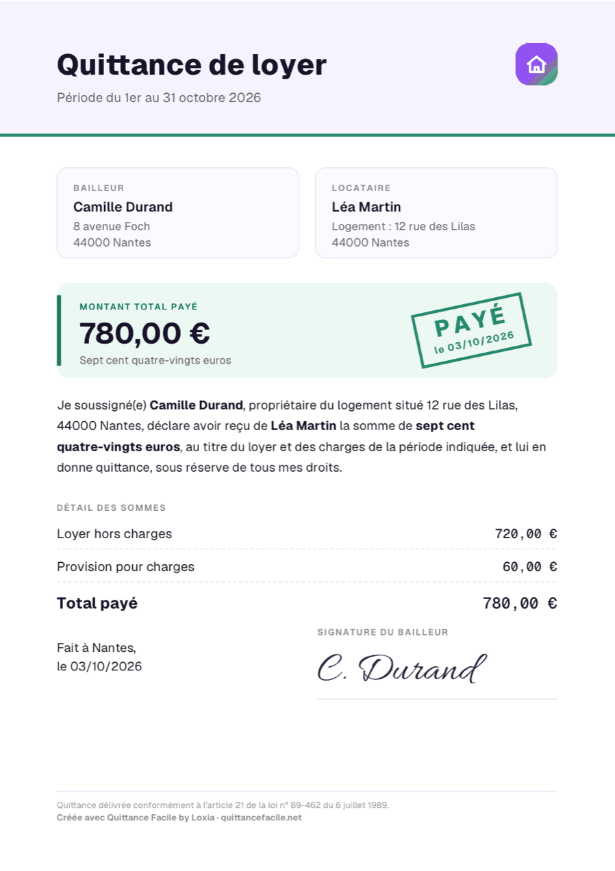Exemple de quittance de loyer remplie pour octobre 2026 : Camille Durand, bailleur, déclare avoir reçu de Léa Martin, locataire au 12 rue des Lilas à Nantes, 780 € (720 € de loyer hors charges et 60 € de provision pour charges), payés le 3 octobre 2026, avec la signature du bailleur.